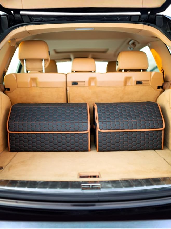 Car Organizers Set SUV Sedan Truck – Foldable Storage Boxes for Auto Accessories, Road Trips, Travel Essentials, Vehicle Organization, Great Gift for Men & Women Drivers – Hexy 17+21 Inch