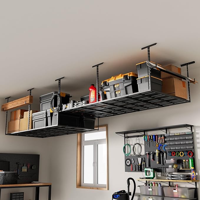 Heavy-Duty 4x8 Overhead Garage Storage Rack – Holds 20% More Weight, 800lbs Capacity, Adjustable Height, 4 Hooks Included for Extra Storage