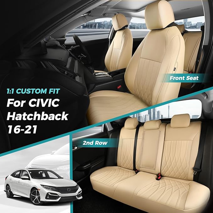 Seat Covers for Honda Civic Hatchback EX, Sport Touring, EXL 2016 2017 2018 2019 2020 2021, Faux Leather Car Seats Cover Full Set(Rear Row 40/60 Split & Folding Backrest)-Beige