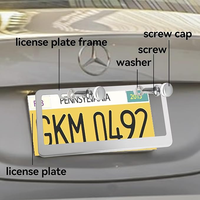 Mirror Polished Heavy Duty Stainless Steel License Plate Frame with Chrome Screw Caps, 2 Holes Rust-Proof Chrome-Like Finish Stainless Steel License Plate Frames 2 Pack
