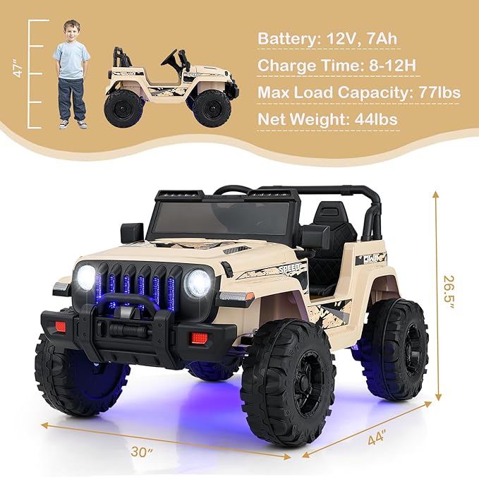 INFANS Kids Ride on Car Truck with 2.4G Remote Control, 12V Battery Powered Electric Cars for Kids w/3 Speeds, Battery Display, LED Lights, Safety Belt, Music & Horn, Bluetooth/FM/USB (Khaki)