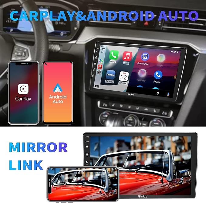 BINIZE Android Double Din 10.1 Inch Touch Screen Bluetooth Car Radio,Radio with Wireless Carplay＆Android Auto,GPS Navigation Receiver,Bluetooth,FM,Dual USB,Mirror Link,Support Backup Camera【2+32】