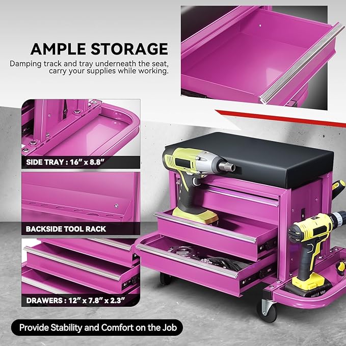 Auto Dynasty 3-Drawer Mechanic Rolling Seat, 350 LBS Capacity Roller Garage Shop Seat with Storage Tool Tray for Workshop, Repair Shop, Warehouse, Purple