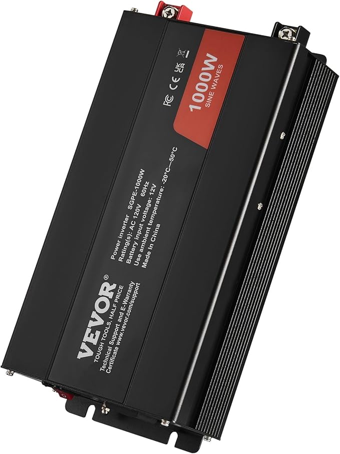 VEVOR 1000W Pure Sine Wave Inverter, DC 12V to AC 120V Power Inverter with 2 AC Outlets 1 USB Port 1 Type-C Port, Remote Control for Small Home Devices Like Smartphone Laptop, CE FCC Certified