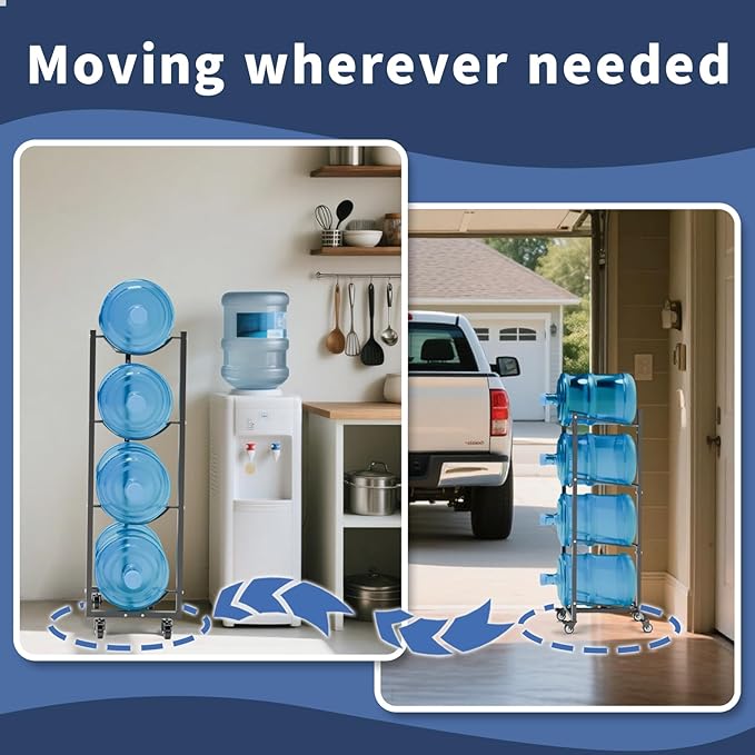 5 Gallon Water Bottle Holder: 4 Tier 5gal Water Jug Storage Rack with 4 Wheels for Home Kitchen Garage - Space Saving & Black