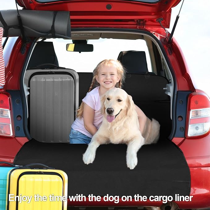F-color SUV Cargo Liner for Dogs - Waterproof Pet Cargo Liner, Comfort Dog Cargo Cover with Bumper Flap Protector, Scrachproof Large Size Universal Fit SUVs Sedans Trunks Vans, Black