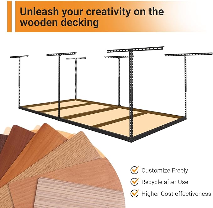 4x8ft Overhead Garage Storage Rack Wooden Decking Not Included, Heavy Duty Metal Rack, Adjustable Ceiling Dropdown, 600lbs Weight Capacity (Black)