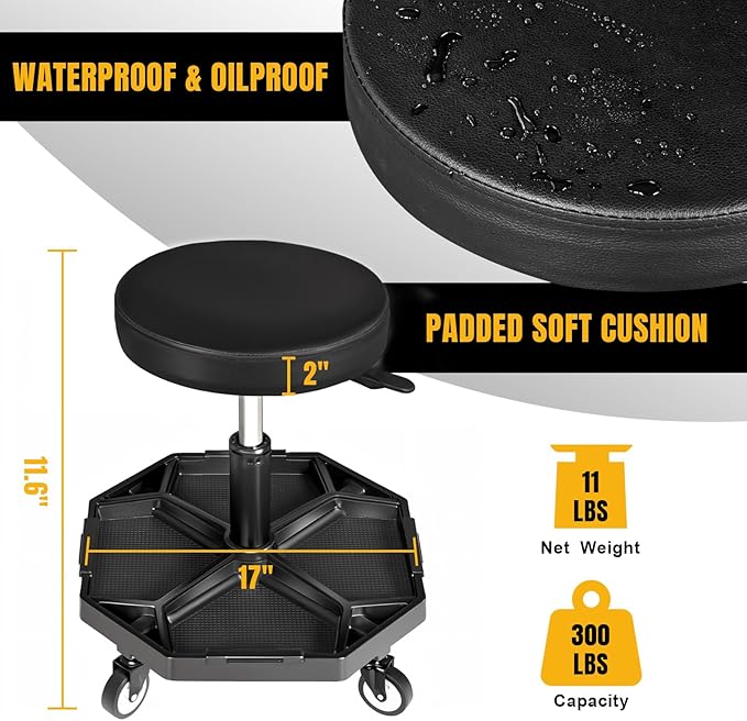 YELLOW JACKET Rolling Garage Seat with Wheels Adjustable Height Pneumatic Mechanic Stool 300Lbs Heavy Duty Shop Creeper Seat with 4 Removable Storage Tool Tray Workshop Chair for Auto Repair