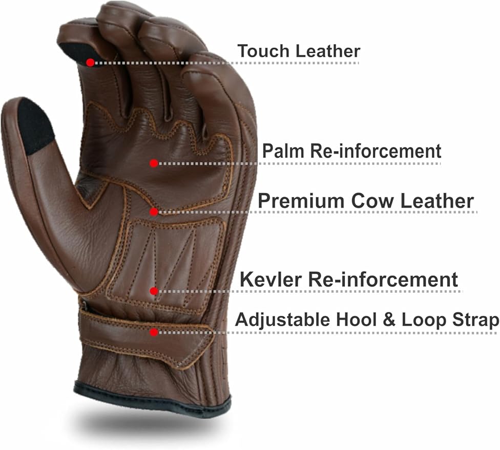 Full Finger Leather Motorcycle Gloves for Men & Women Touch Screen Gloves Premium Street Motorcycle Durable Protective Cruiser Biker Gel Leather Motorbike Gloves