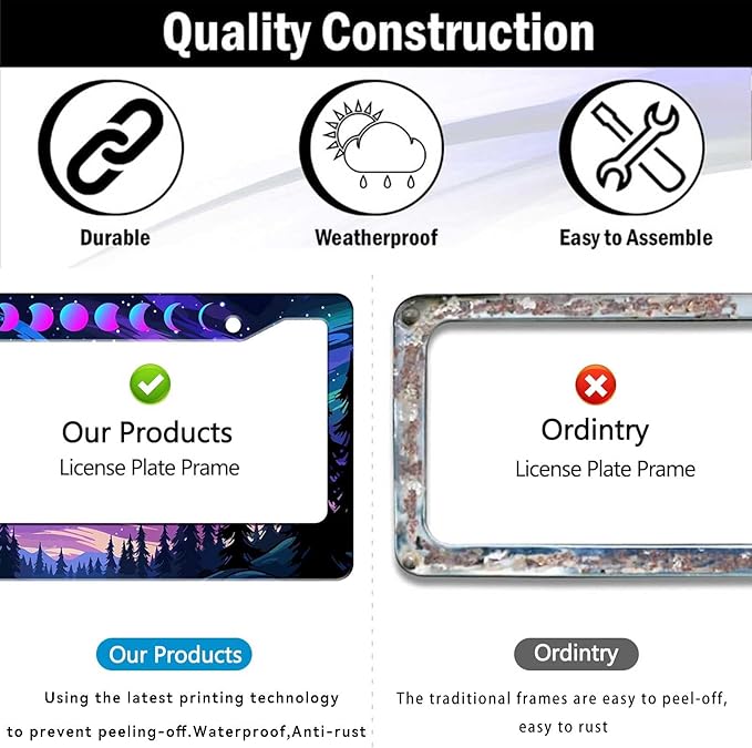 1Pcs Moon and Forest License Plate Frame, Purple Forest Moon License Plate Cover Tag Plate Bracket Holder for Men and Women (Moon Phases Aurora Forest)