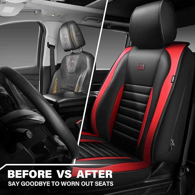 CAR PASS Nappa Leather Car Seat Covers Front Seats, Luxury Seat Protector for Cars, Waterproof Anti-Slip Seat Cushion Armrest Compatible Airbag Universal for Sedan SUV Pick-up Truck Auto, Black Red