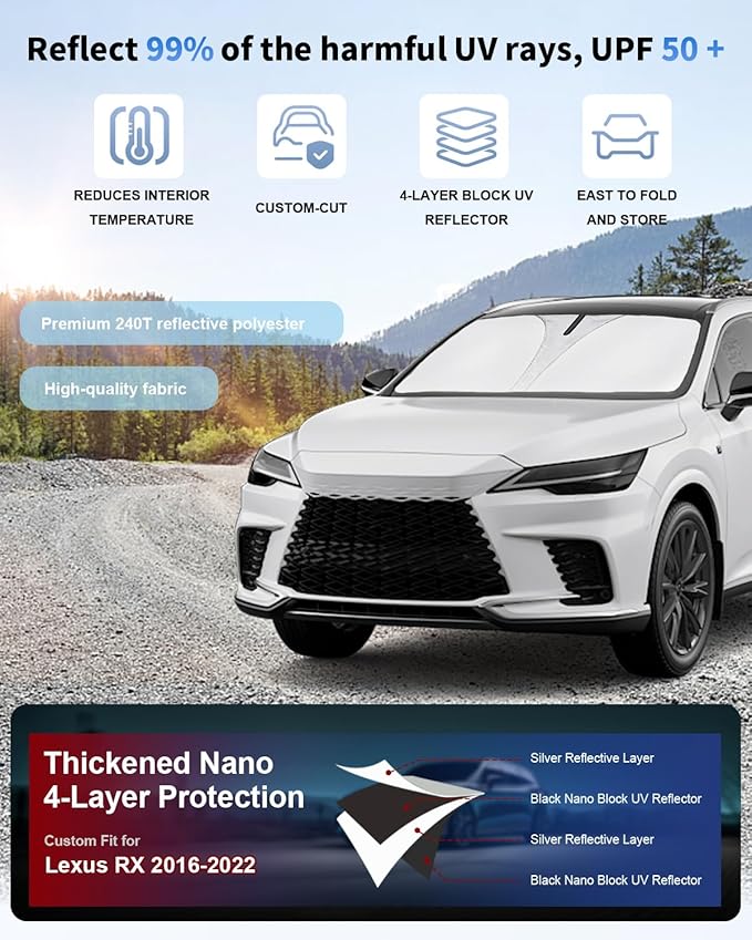 Sun Shade for RX350 Windshield Sunshade Front Window Shield Custom Fit for Lexus RX 2016-2022 Accessories Sun Visor for for Lexus RX 2016-2022 Protector Foldable Blocks UV Rays Heat