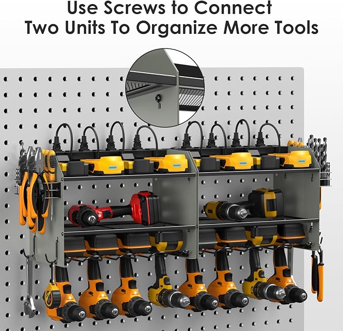CCCEI Modular Power Tool Organizer Wall Mount Charging Station, Grey 6 Drills Holder with 8 Plug Power Strip 10FT, Garage Drill Battery Heavy Duty Metal Shelf, Utility Rack with Hooks, Side Storage.
