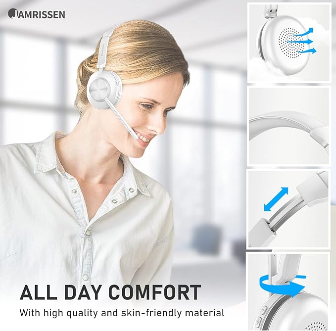 Wireless Headset with Mic for Work, Bluetooth Headset with Microphone (AI Noise Canceling & Mic Mute), Wireless Headset with USB Dongle & Charging Dock for Work/Home/Office/Call Center/PC/Laptop/Zoom