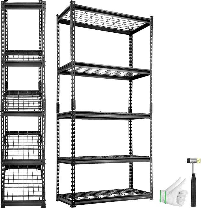 VEVOR Storage Shelving Unit, 5-Tier Adjustable, 2000 lbs Capacity, Heavy Duty Garage Shelves Metal Organizer Wire Rack, Black, 36" L x 16" W x 72" H for Kitchen Pantry Basement Bathroom Laundry Closet