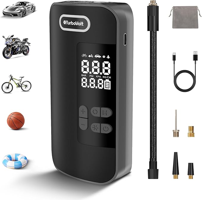 Tire Inflator Portable Air Compressor, 150PSI Rechargeable 2X Faster Cordless Air Pump, Portable Tire Inflator with Pressure Gauge & LED Light 4 Preset Modes, Electric Air Pump for Motor Bike Ball