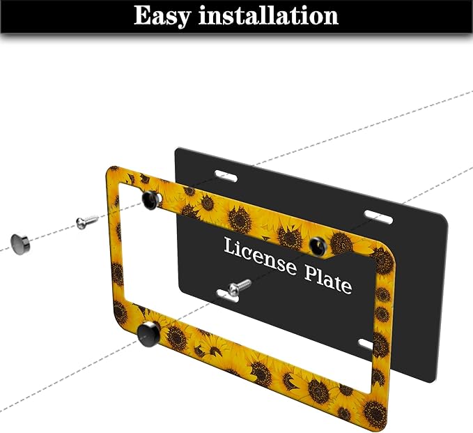 License Plate Protector for Women Yellow License Plate Frames for Men Sunflower Aluminum Metal Car Accessory 2 Pack with Screw Covers Set