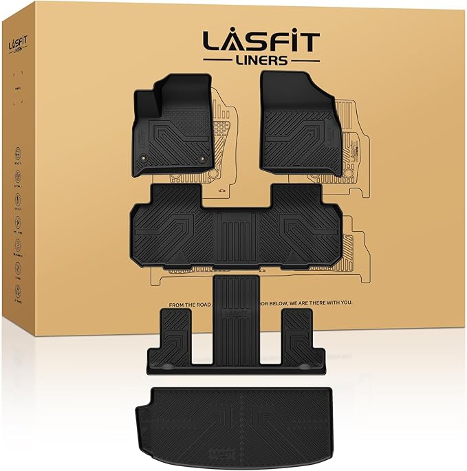 LASFIT Floor Mats & Cargo Liner for Chevrolet Chevy Traverse 2018-2023/Traverse Limited 2024 7 Seats (Fit 2nd Row Bucket Seats), All Weather TPE Automotive Custom Fit 3 Rows Car Floor Mats Full Set