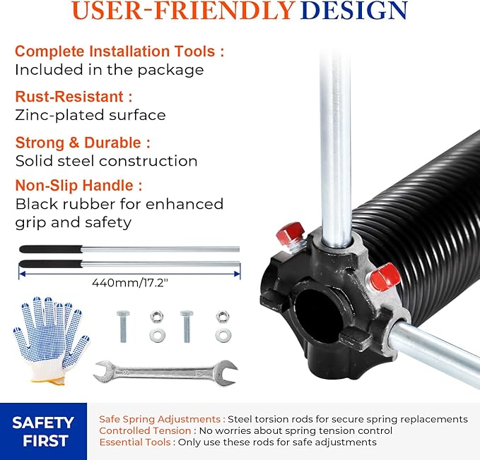 Pair of 2" Garage Door Torsion Springs (0.218" x 2" x 26") with Non-Slip Winding Bars & Gloves, Heavy-Duty Replacement, 18,000 Cycles, High Precision Electrophoresis Black Coated
