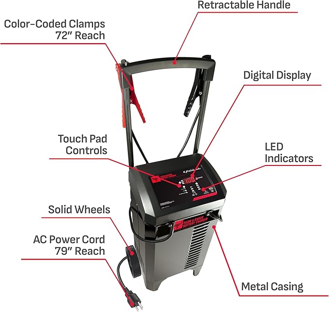 Schumacher Electric Farm and Ranch Wheeled 6A Charger and 250A Engine Starter, 4-in-1 Solution for 6V/12V Batteries, Maintainer, 50A Boost, FR01336, For Power Sport, Automotive, and Marine Batteries