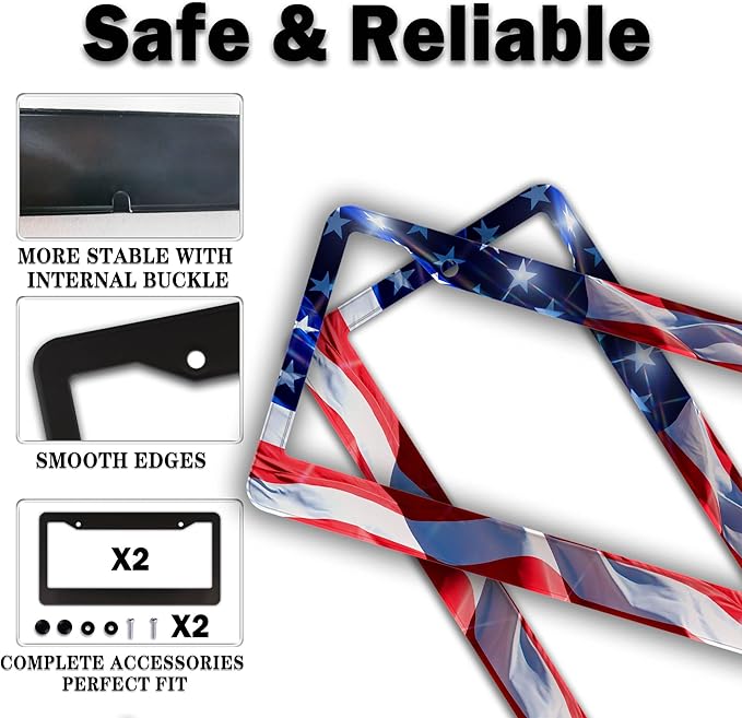 License Plate Frames for Men Multicolor Car Plate Frame for Women American Flag Aluminum Metal Car Accessory 2 Pack with Screw Covers Set