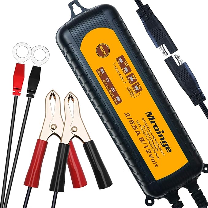 MBC055, 6V/12V 5.5A Smart Vehicle Battery Charger Maintainer for Cars Motorcycles RVs TVs Boat for Normal Lead Acid Gel AGM Sealed Wet or 12V-Lithium(LiFePO4) Batteries, with IP65 Waterproof