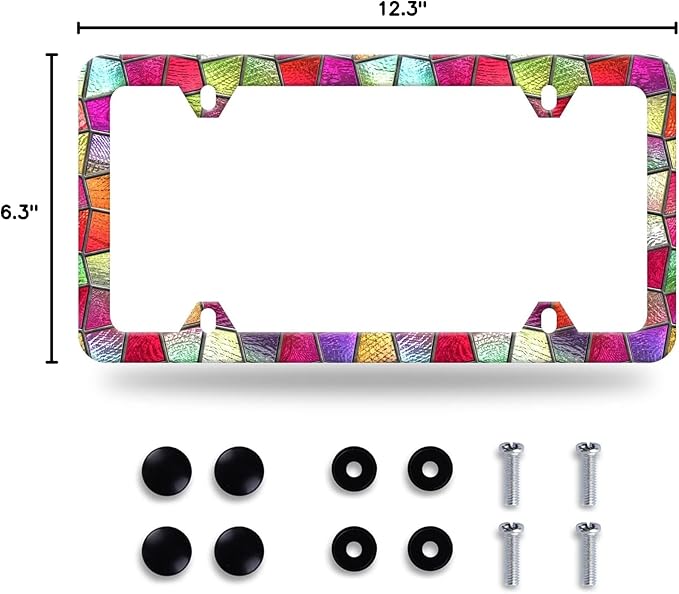 Pretty Cut Glass License Plate Frame Colorful License Plate Stainless Steel Parts Funny License Plate Decorative with Screws Size 12.3" x 6.3" Men Women