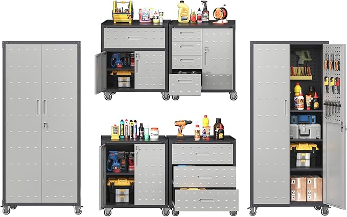 Metal Tool Cabinet,Garage Storage Cabinet System,Wall Cabinet & Locking Rolling Tool Cabinet with Doors and Adjustable Shelves,Steel Tool Cabinets for Home,Office (6 Pcs-StyleA, Black & Grey)
