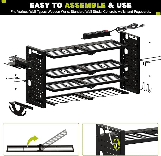 Power Tool Organizer Wall Mount with Charging Station 4 Layer 6 Slot Cordless Drill Holder with Angle Grinder Holder (Black)
