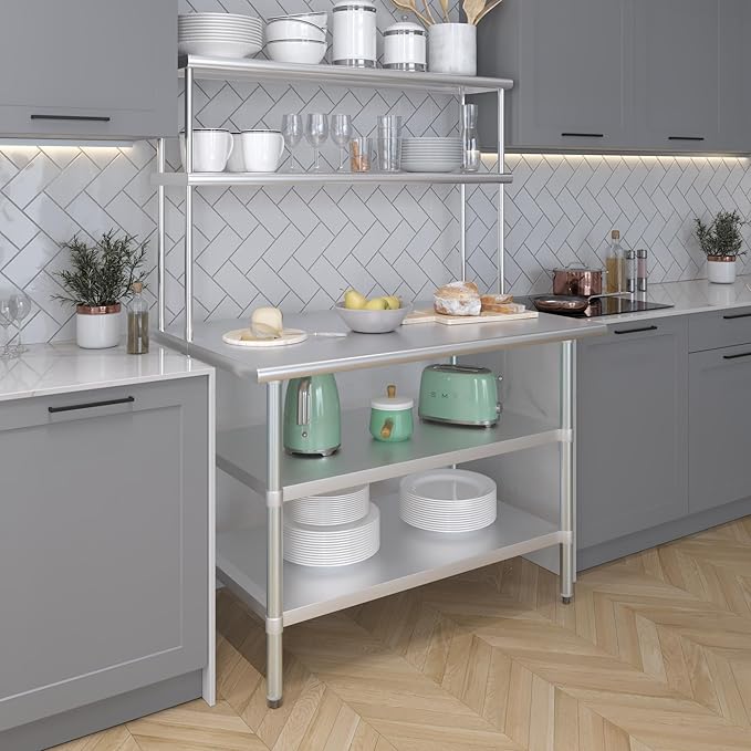 Amgood Stainless Steel Work Table with 2 Shelves | 30" x 48" Table with 2 Shelves + 12" Overshelf
