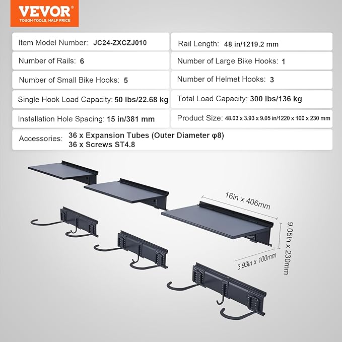 VEVOR Bike Storage Rack, 6 Bike Racks and 3 Helmets Hooks, Wall Mount Bike Storage Hanger with 3 Shelves, Home & Garage Organizer, Customizable for Various Bike Sizes, Holds Up to 300 lbs, 48-inch