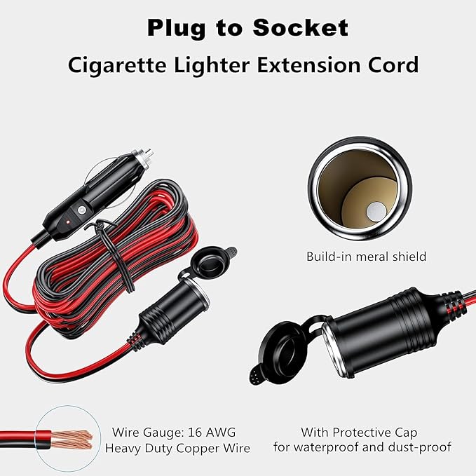KEWIG 12/24V Car Cigarette Lighter Extension Cord - 20FT Cigarette Lighter Plug Cable- 16AWG Heavy Duty Extension Cable with 15A Fuse and LED Indicator