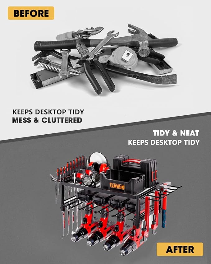 Power Tool Organizer, Garage shelving 2 Layers Garage Tool Organizers 4 Drill Holder Wall Mount, and Heavy Duty Metal Tool Shelf with Screwdriver Holder/Plier Holder/Hammer Holder (Black, 2 Layer)