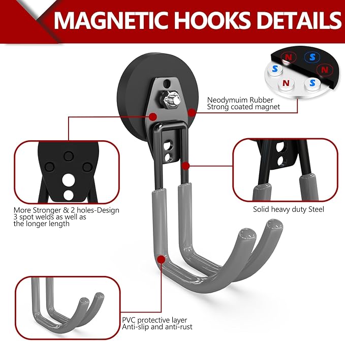 3-H Heavy Duty Magnet Garage Hooks 2 Pack, J Shape Strong Magnetic Hooks for Hanging Cordless Power Drill, Utility Magnetic Tool Holder for Metal Cabinet, Steel Pegboard, Toolbox, Garage(Grey)