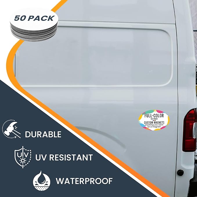 Magnet Me Up Custom 4x6 Inch Oval Magnet, 50 Pack, Customizable for Businesses, Personal Use, Choose Your Text, Upload Image, Magnetic Vinyl for Vehicles and Any Magnetic Surface, Crafted in USA