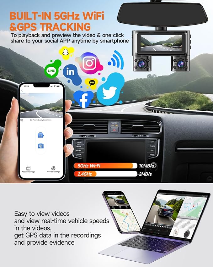 Dash Cam 360°, Dash Camera for Cars Front and Rear Inside, 4 Channel 4K/2K FHD Mini Dashcam, Built-In WiFi, GPS,with 64GB Card, Voice Control, WDR,HDR,Night Vision, 24/7 Parking Mode(Upgraded Version)