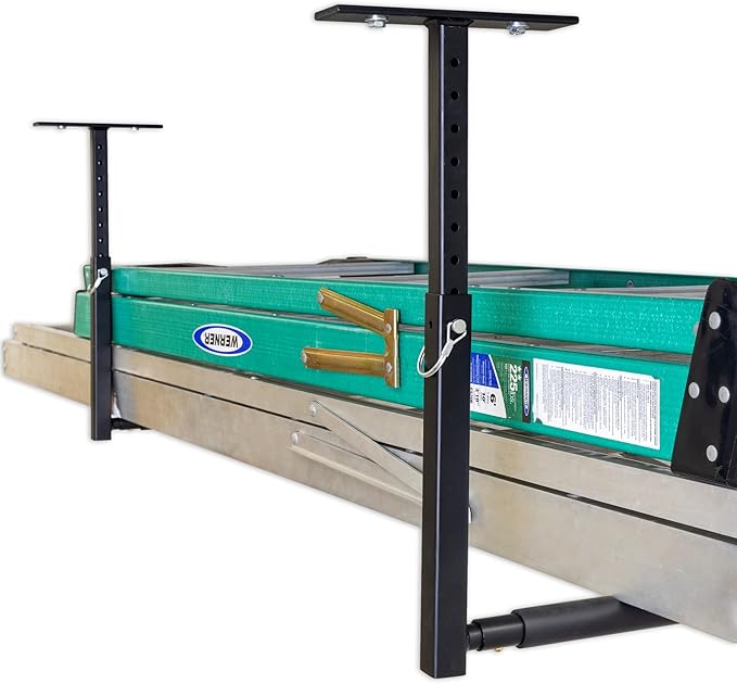 StoreYourBoard Adjustable Ceiling Rack – Hi Port 2 Garage Ceiling Ladder Hanger | Adjustable Overhead Ladder Storage for Step & Extension Ladders | Garage Organization | Holds 75 lbs