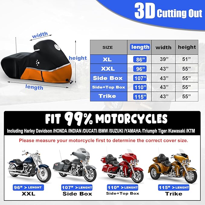 Motorcycle Cover Storage for Touring Models Harley Davidson Road King,Road Glide,Street Glide, Electra Glide,Heritage Classic,Low Rider-ST,and Most Motorcycles Orange