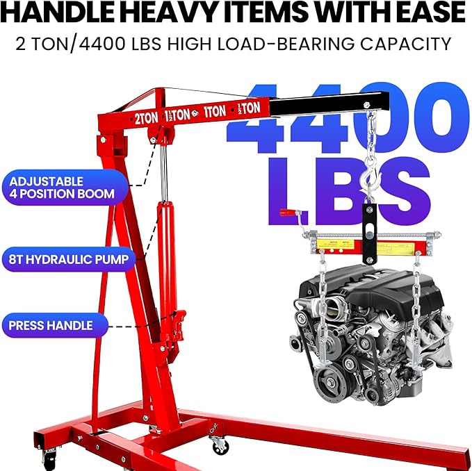 Engine Lift, 2 Ton Engine Hoist Cherry Picker with Quick Fold & 6 Steel Casters, 4400LBS Heavy-Duty Hydraulic Crane, Adjustable 4-Position Boom & 8T Pump for Garage Use 56.2"x50.6"x37"