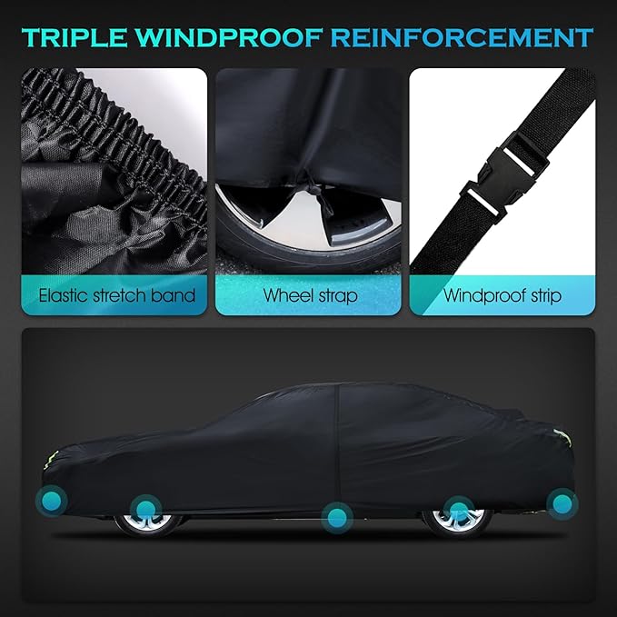 Car Cover Waterproof All Weather for Automobiles, Size A3 Universal Fit for Sedan Camry, Ford Mustang, Chevy Camaro/Malibu, Kia Optima, Hyundai Sonata, Nissan Altima, Tesla Model (187-198 inch)
