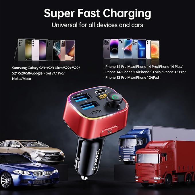 Syncwire Bluetooth 5.3 FM Transmitter Car Adapter 48W (PD 36W & 12W) [Light Switch] [Hi-Fi Deep Bass] [Fast Charge] Wireless Radio Music Adapter LED Display Hands-Free Calling Support USB Drive, Red