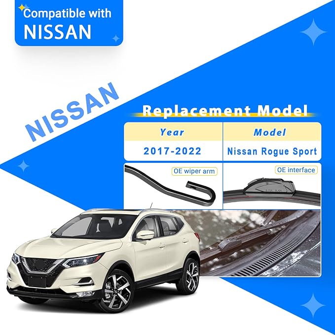 Windshield Wiper Blades Replacement for Nissan Rogue Sport 2017 2018 2019 2020 2021 2022 Original Factory Quality Front Rear Wipers Blade Set for My Car - 28" 18" 12" (Pack of 3)