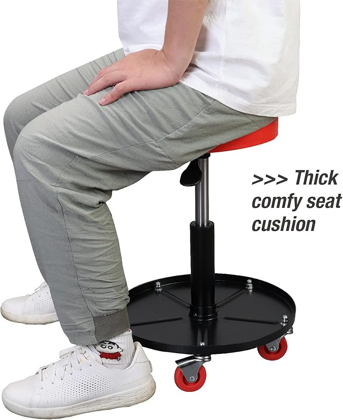BIG RED ATRHL6201R Torin Heavy Duty Rolling Pneumatic Creeper Garage/Shop Seat: Padded Adjustable Mechanic Stool with Tool Tray Storage, Red Large,15.36" D x 15.36" W x 4.73" H