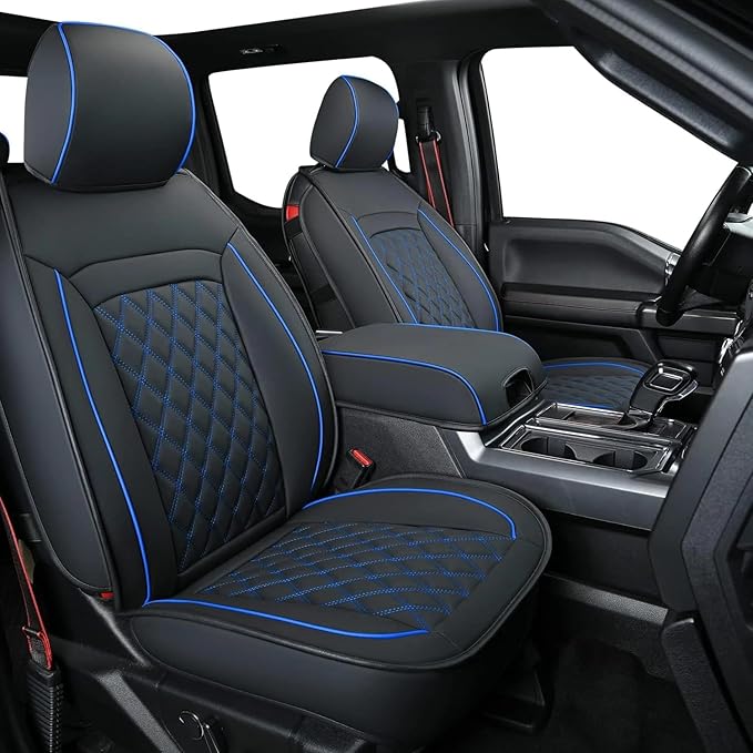 LUCKYMAN CLUB F150 Faux Leather Seat Covers Fit for 2015-2024 2025 F150 SuperCrew and 2017-2024 2025 F250 F350 F450 Super Duty Crew Cab Pickup Trucks(Full Set, Black&Blue)
