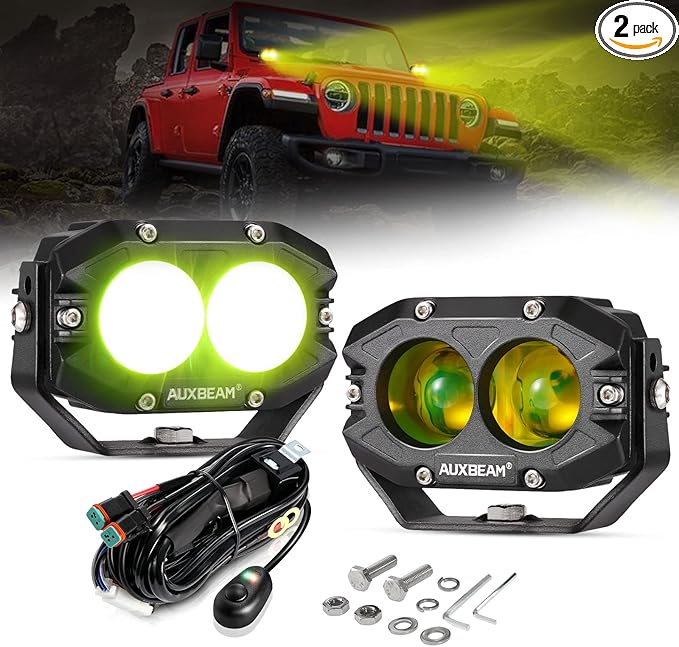 Auxbeam 4 Inch Amber Fog Light, 60W Square Pod With 5050 LED Yellow Spot Lens Beam Offroad Driving for Jeep Motorcycle SUV Trucks Boat (2 Pcs)