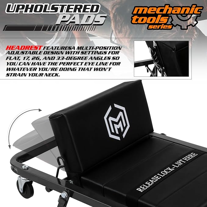 M-AUTO Heavy-Duty Convertible Mechanic Creeper, Z-Creeper 2-in-1 Creeper and Seat 48" Padded Adjustable Headrest Roller Garage Chair with 7 Swivel Casters for Washing, Detailing, Maintenance, Black