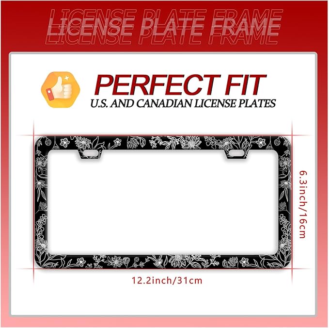 Line Art Flowers License Plate Frame Beautiful Floral License Plate Frames Funny Stainless Steel Accessories Cars Decor with 2 Holes and Screws Fits Standard Us Ca Vehicles Holder 12.2 X 6 Inch