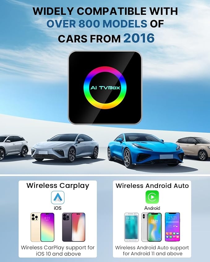 Sehawei Wireless CarPlay & Android Auto Adapter 2025 - Built-in Netflix, YouTube & TF Card Slot - Plug and Play, Convert Wired to Wireless - Compatible with 2015+ Cars, iOS 10+/Android 11+