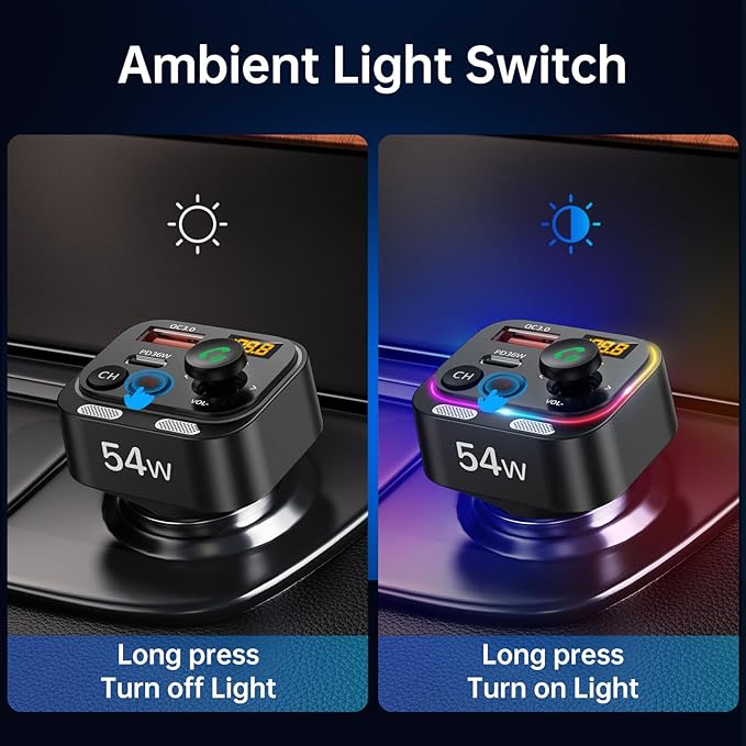 Syncwire Bluetooth 5.4 FM Transmitter Car Adapter 54W (PD 36W & 18W) [Stronger Dual Mics] [Light Switch] [HiFi Bass Sound] [Fast Charging] Wireless Radio Receiver Hands-Free Calling LED Display