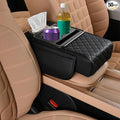 Universal Car Armrest Cushion Organizer, Leather Armrest Cover for Car, 5-in-1 Center Console Cover with Cup Holder, Tissue Box Slot, Mobile Phone Storage Slot, Black